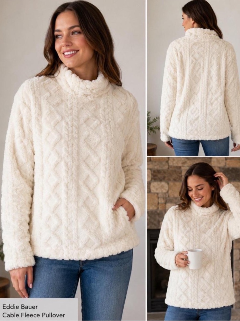 Eddie Bauer Cream Cable Fleece Turtleneck Pullover